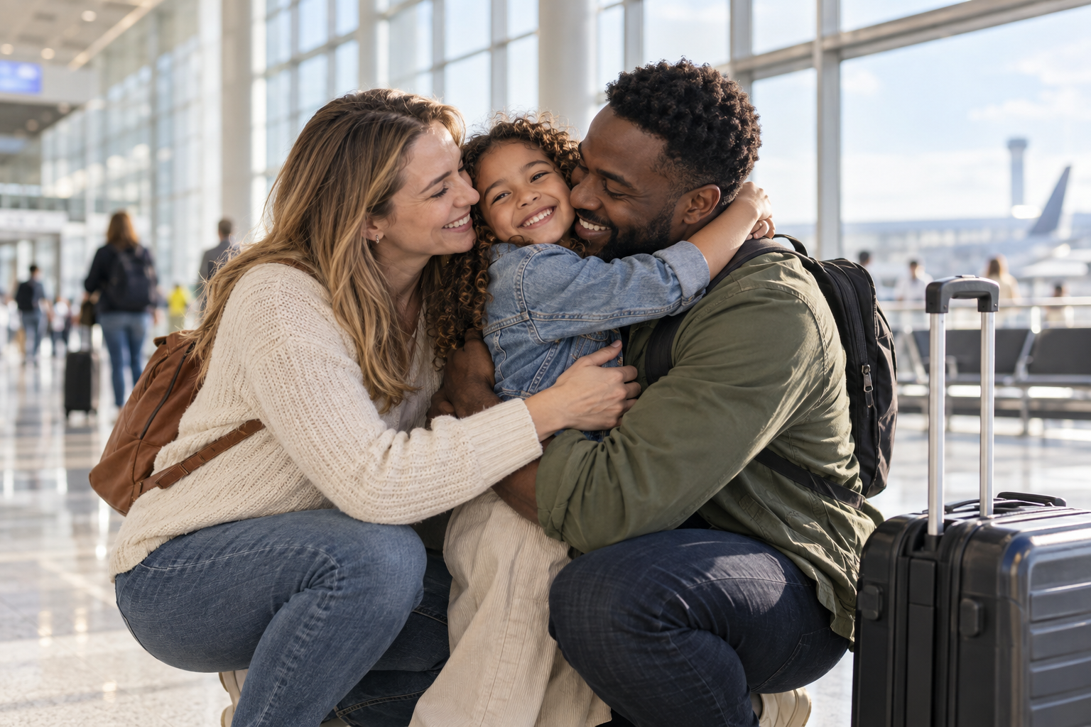 Family reunited at an airport